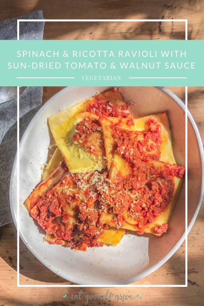 Spinach & Ricotta Ravioli with Sun-Dried Tomato & Walnut Sauce | Eat Yourself Green